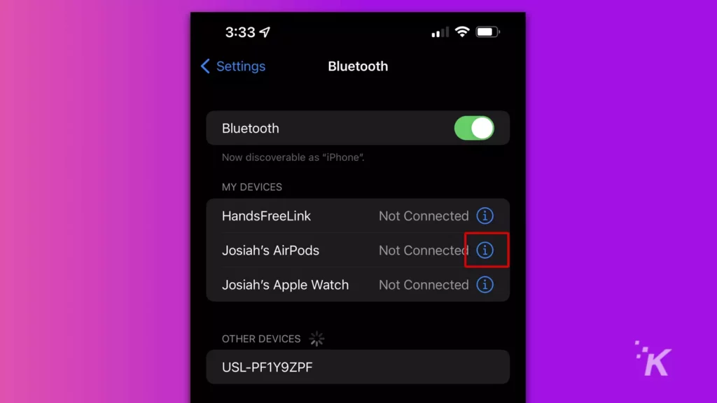 iphone bluetooth menu showing airpods