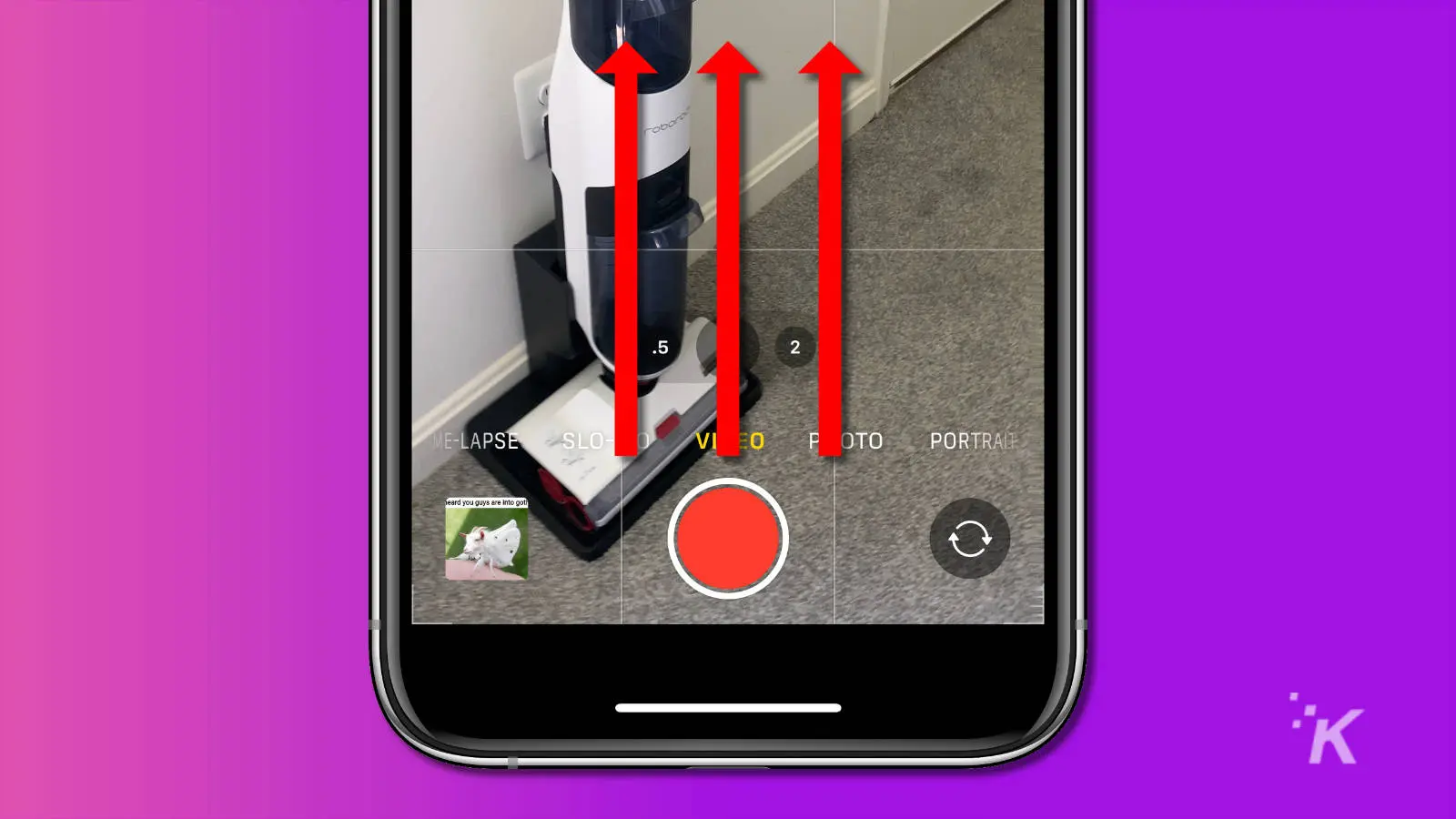 screenshot of iphone camera app with arrows showing to swipe up from the record button