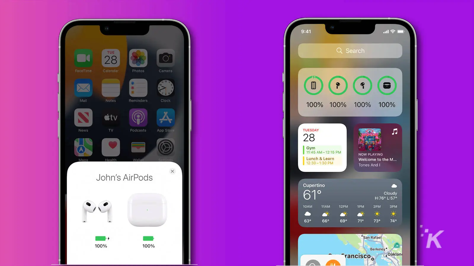 screenshots of iphone showing airpods battery level through notification and widgets