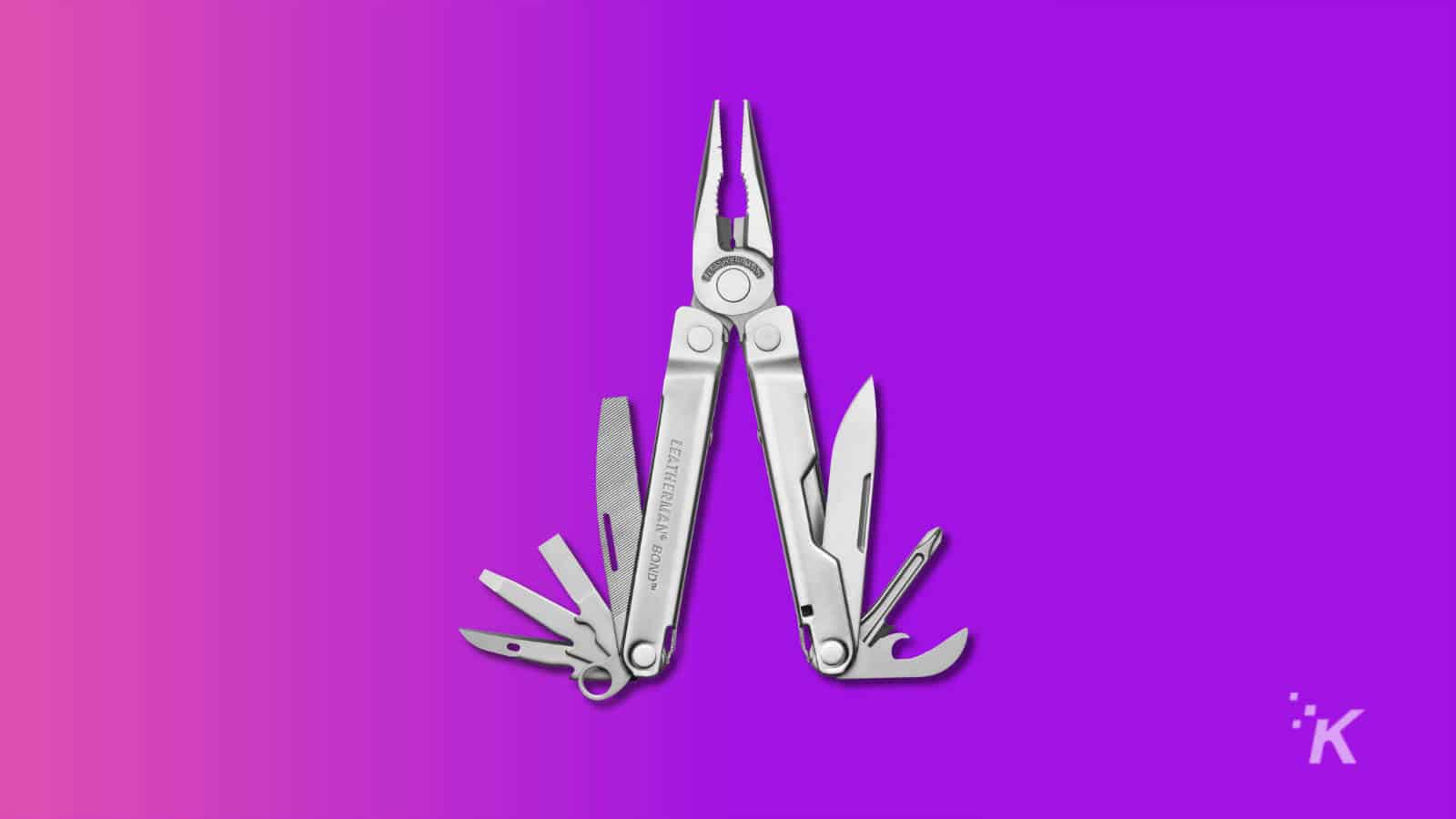 leatherman bond multitool opened on a purple background