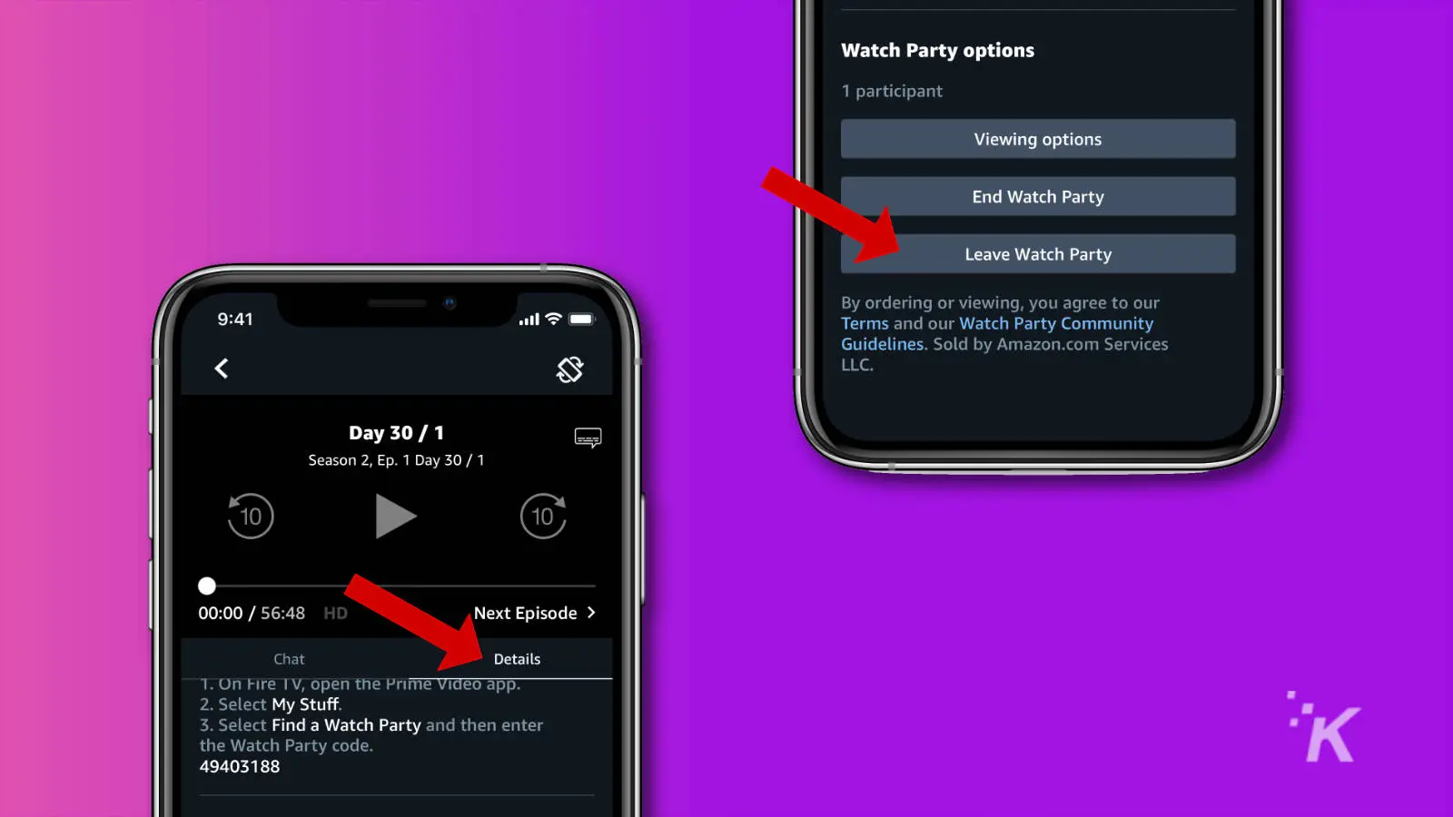 screenshots of prime video watch party showing how to exit