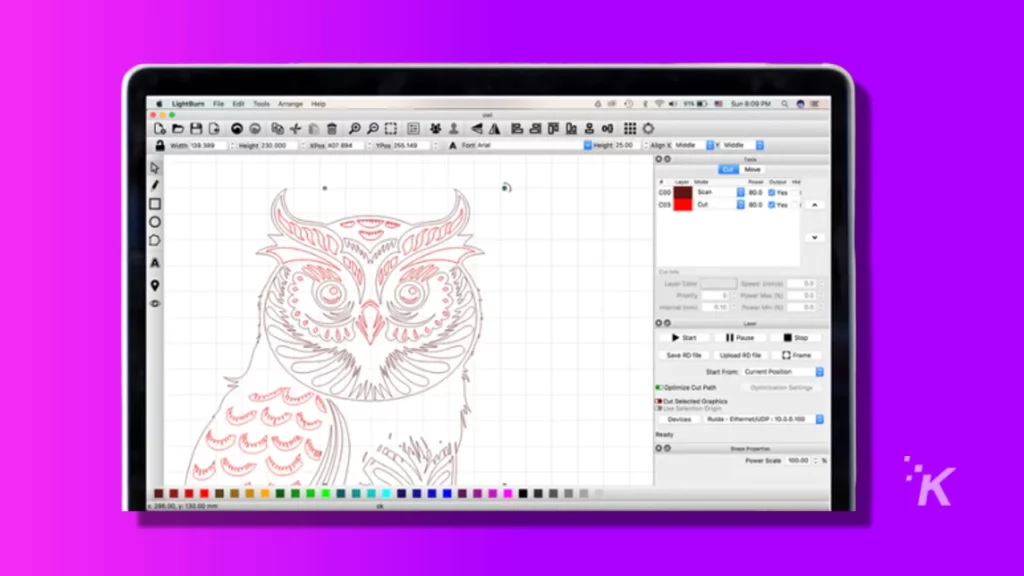 Screenshot of lightburn software for laser engraver on purple backgrond