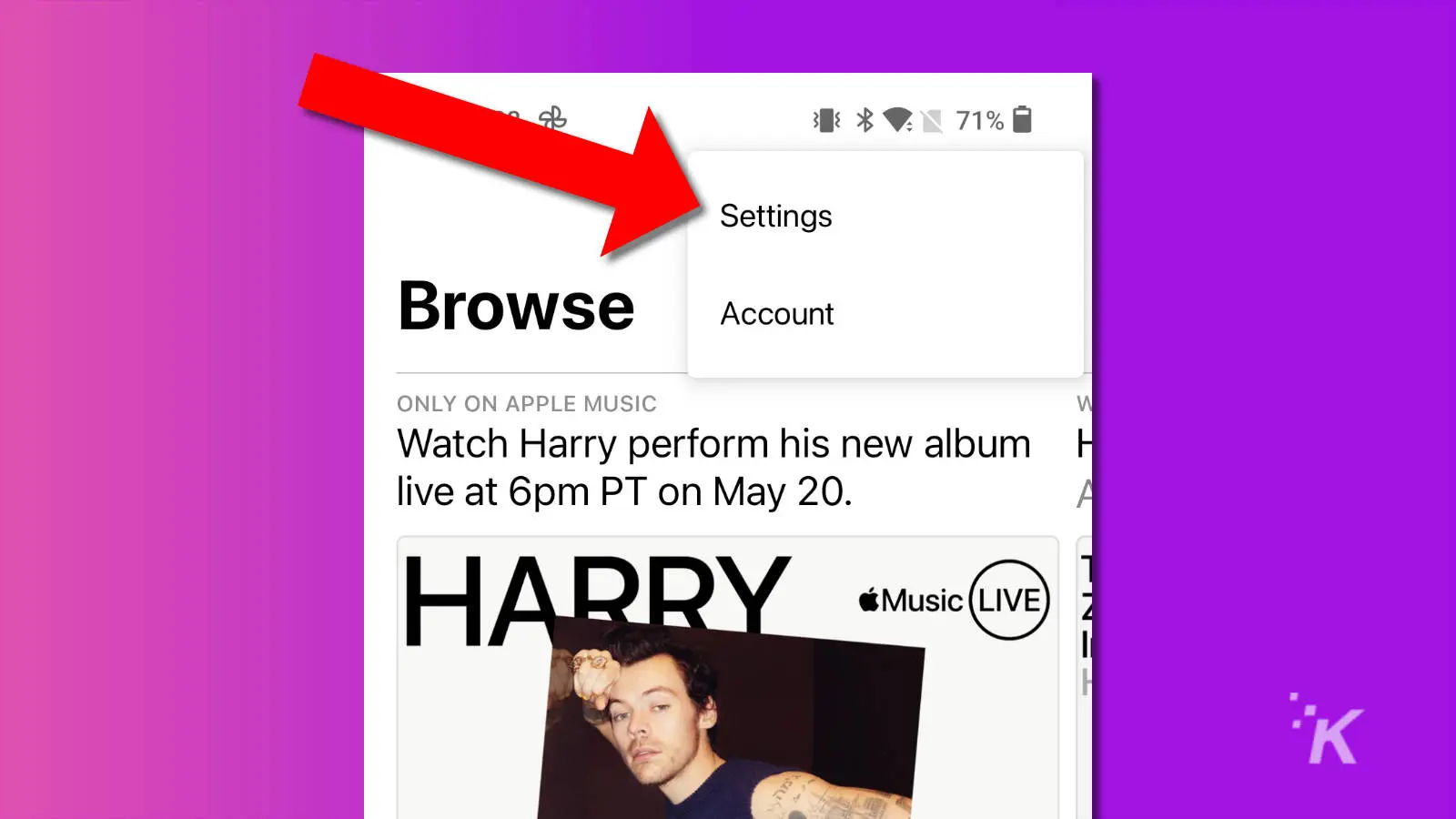 screenshot of apple music on android showing the link to settings