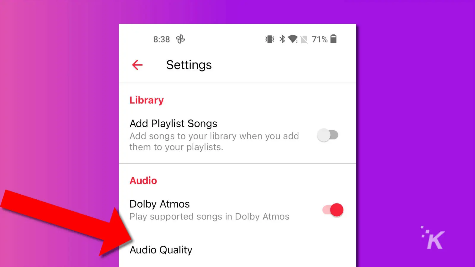 screenshot of apple music on android showing the audio quality setting