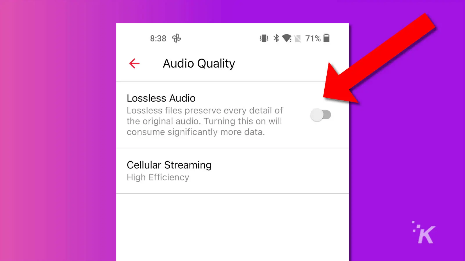 screenshot of apple music on android showing the lossless audio toggle