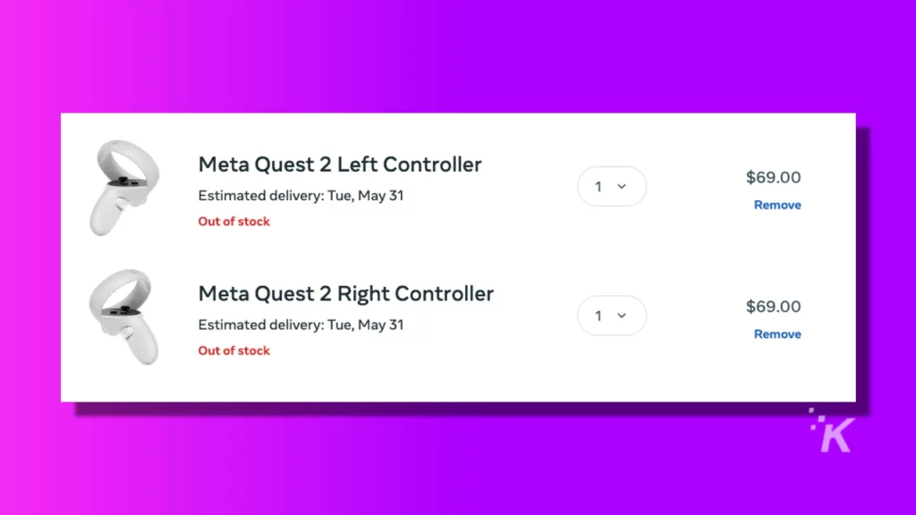 image of delivery estimates for Meta Quest 2 controllers on puruple bacakground