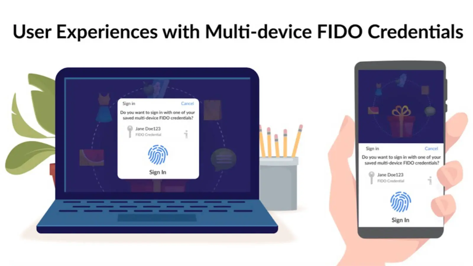 graphic showing an user signing into a website by using fido credentials on their smartphone