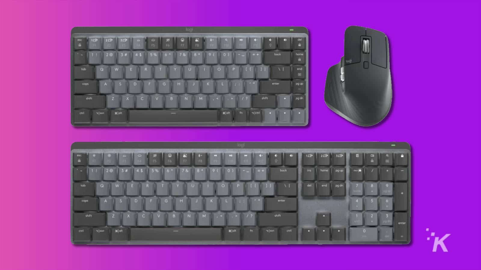 logitech mx master 3s and mx mechanical keyboards on purple background