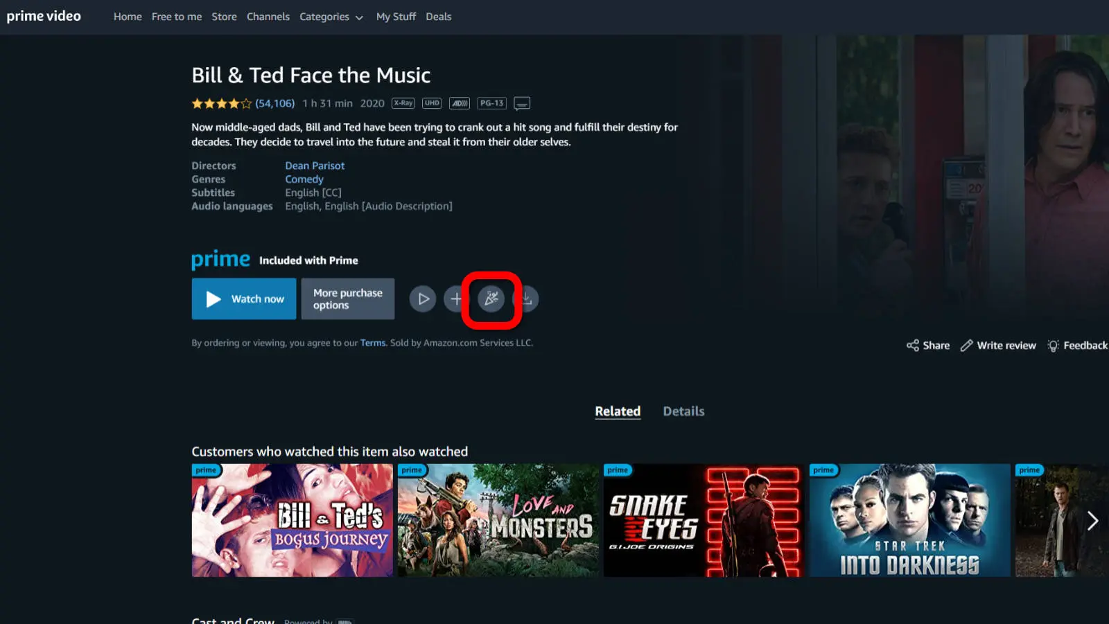 screenshot of prime video bill and ted face the music with the watch party icon highlighted