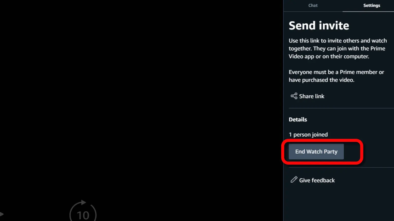 screenshot of how to end prime watch party on desktop