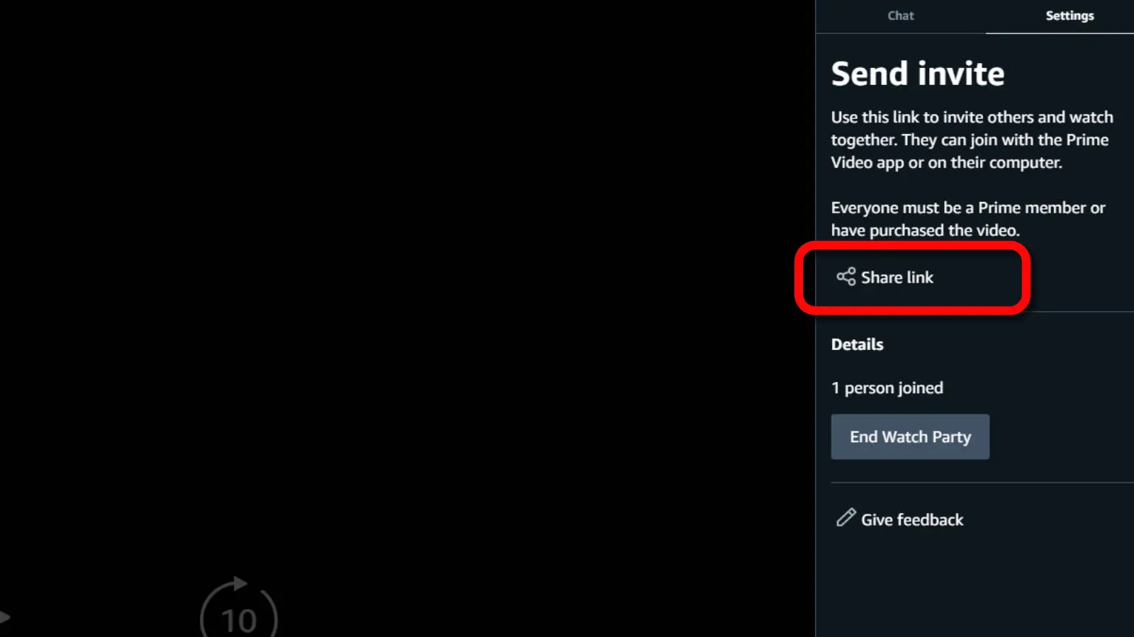 screenshot of prime watch party invite settings