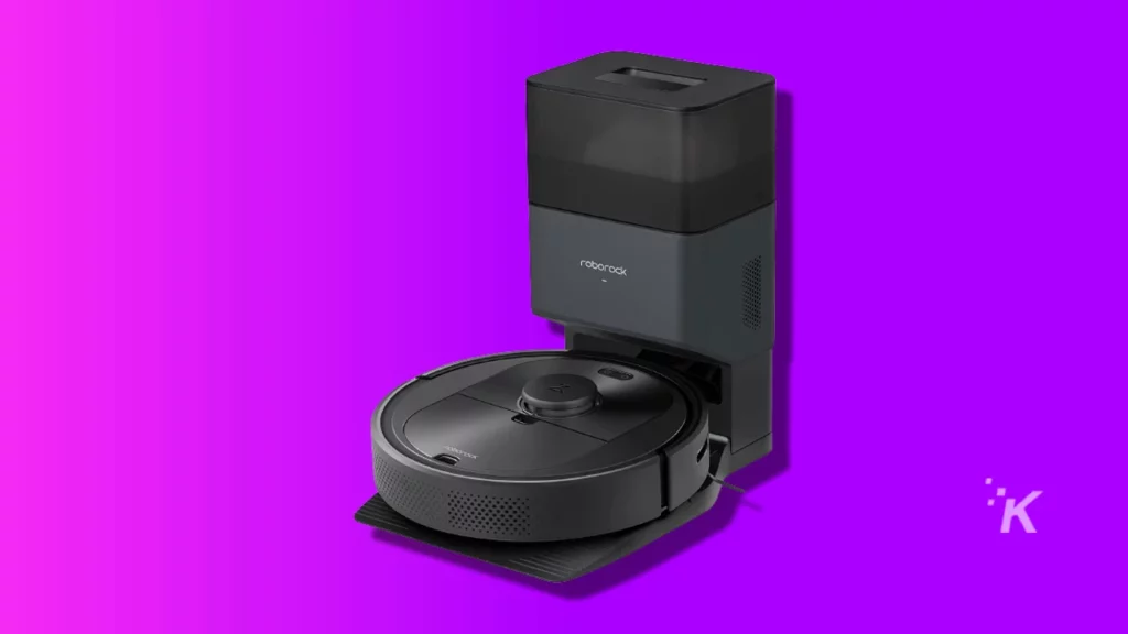 Roborock q5 robot vacuum on purple background