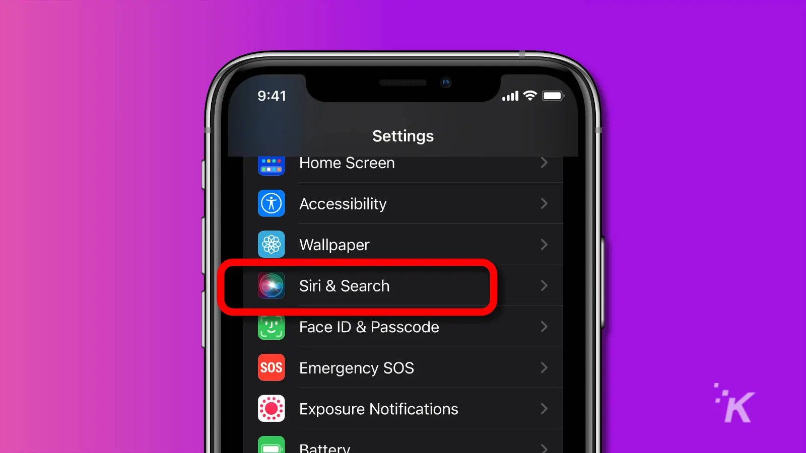 Screenshot of siri and search settings