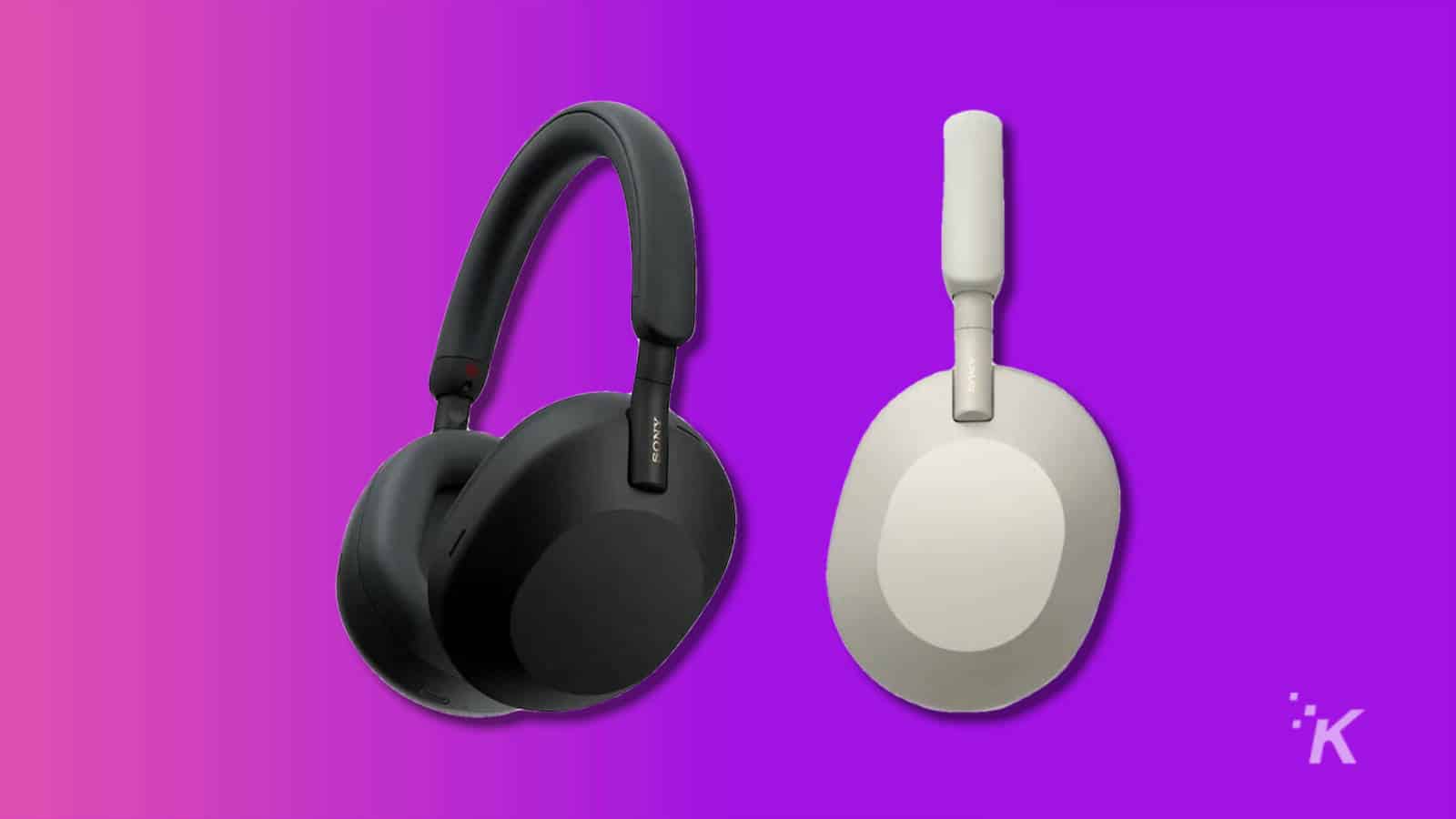 sony wh1000xm5 headphones in black and white, with a purple background