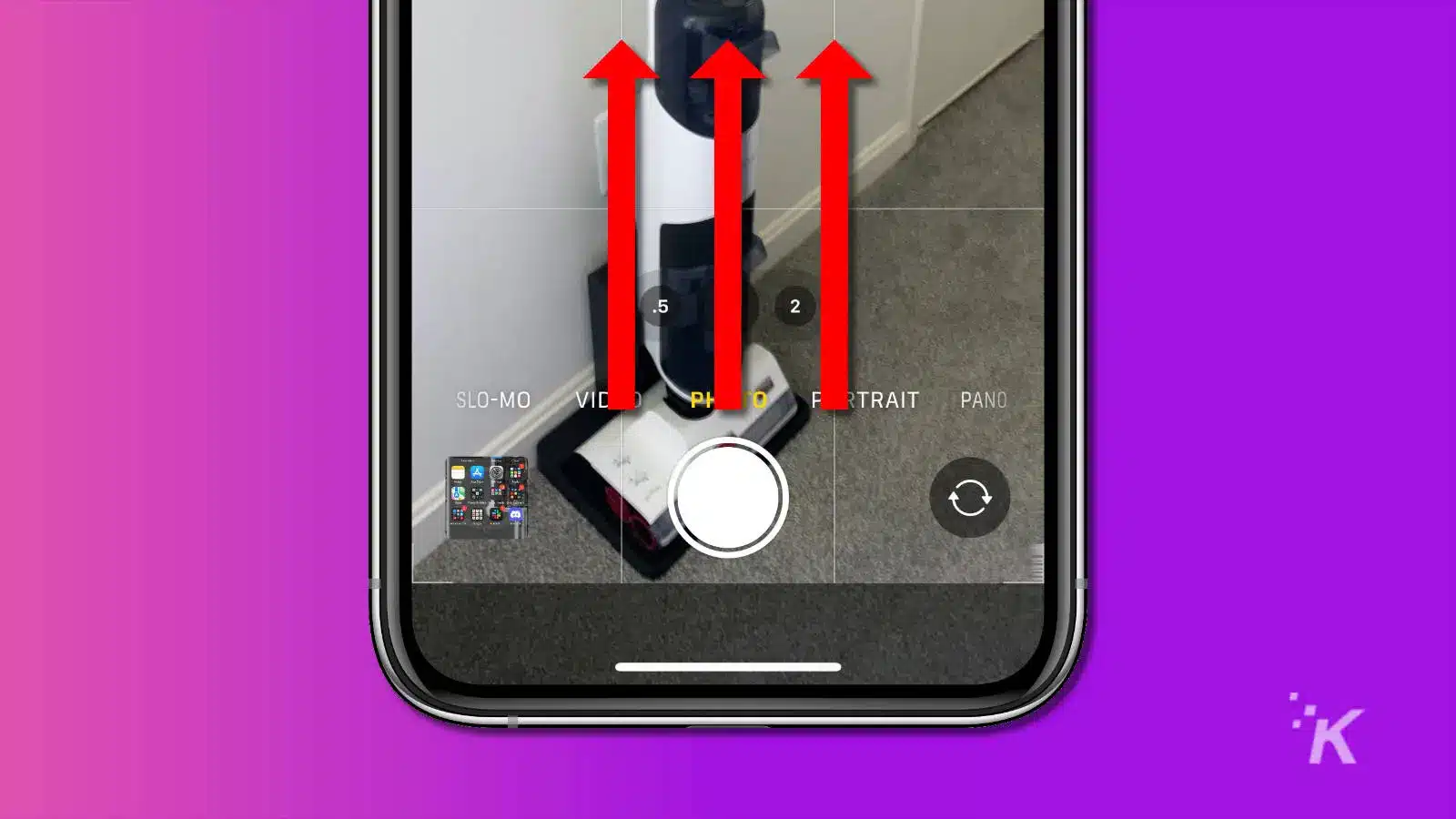 screenshot of iphone camera showing to swipe away from the shutter button to get to settings