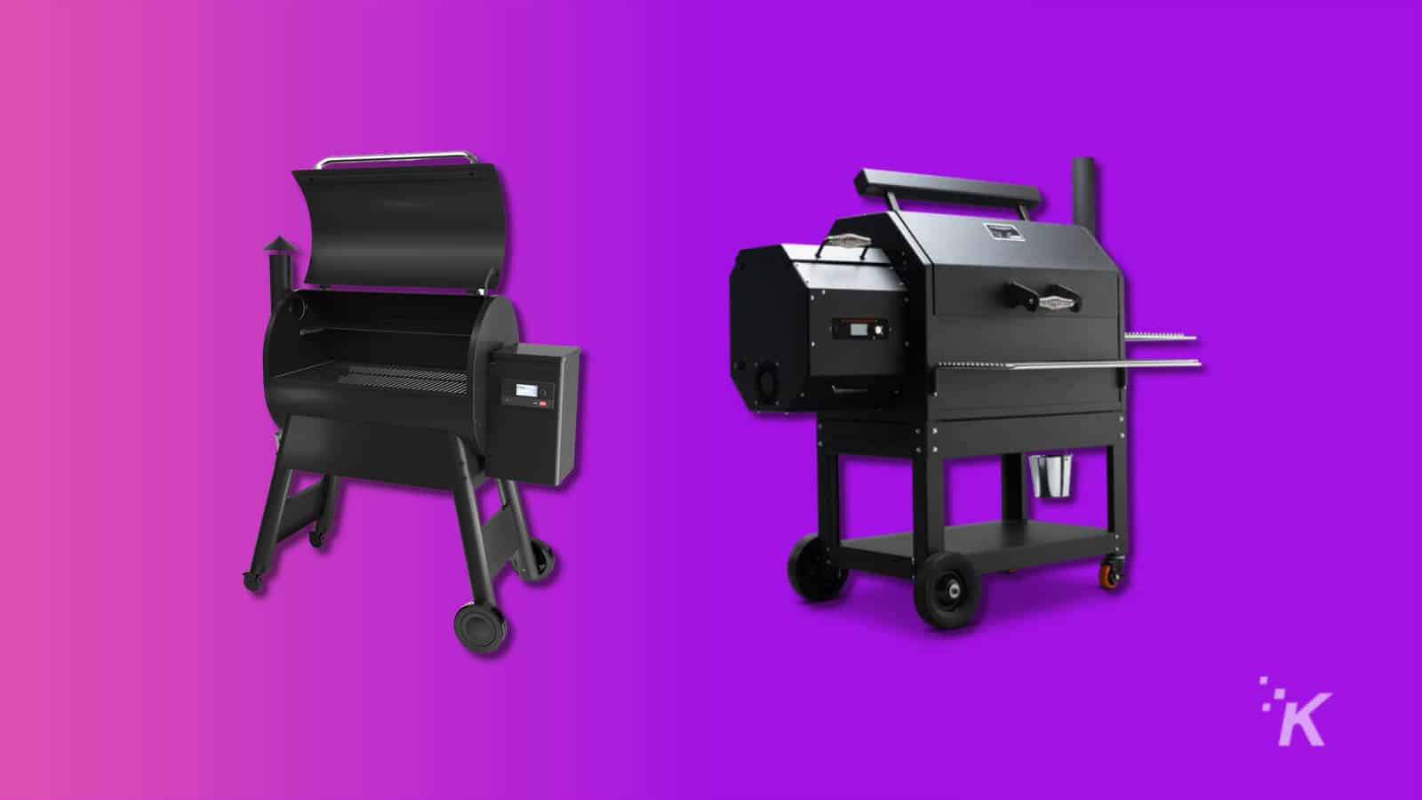 Traeger and yoder pellet grills on a purple background