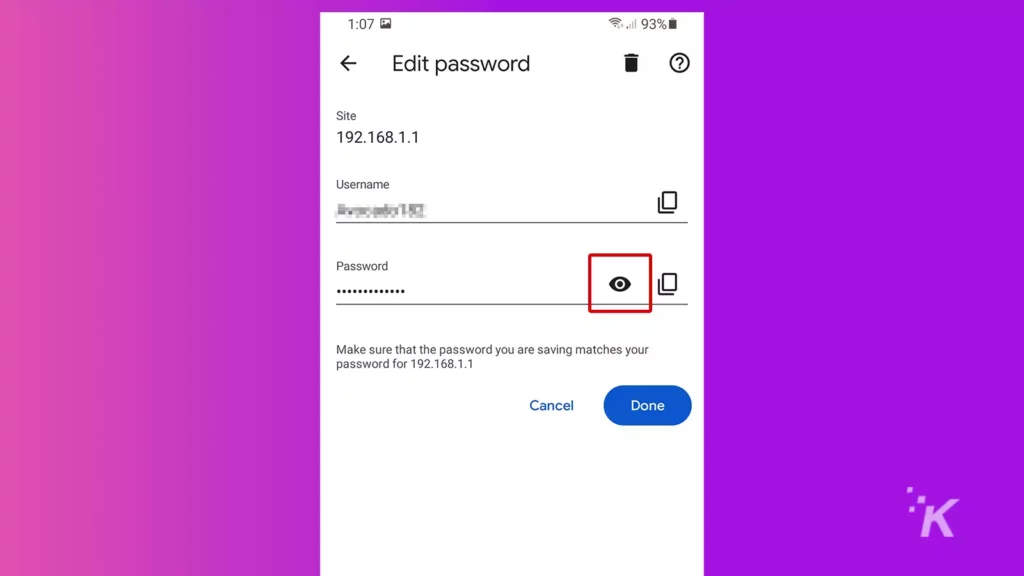 edit password screen on mobile chrome browser