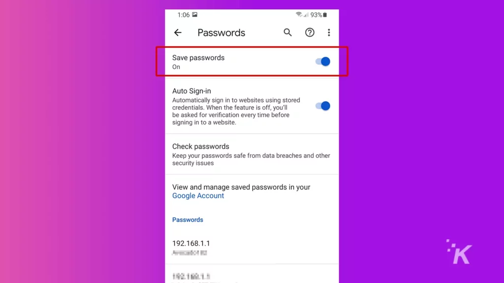 android chrome passwords menu