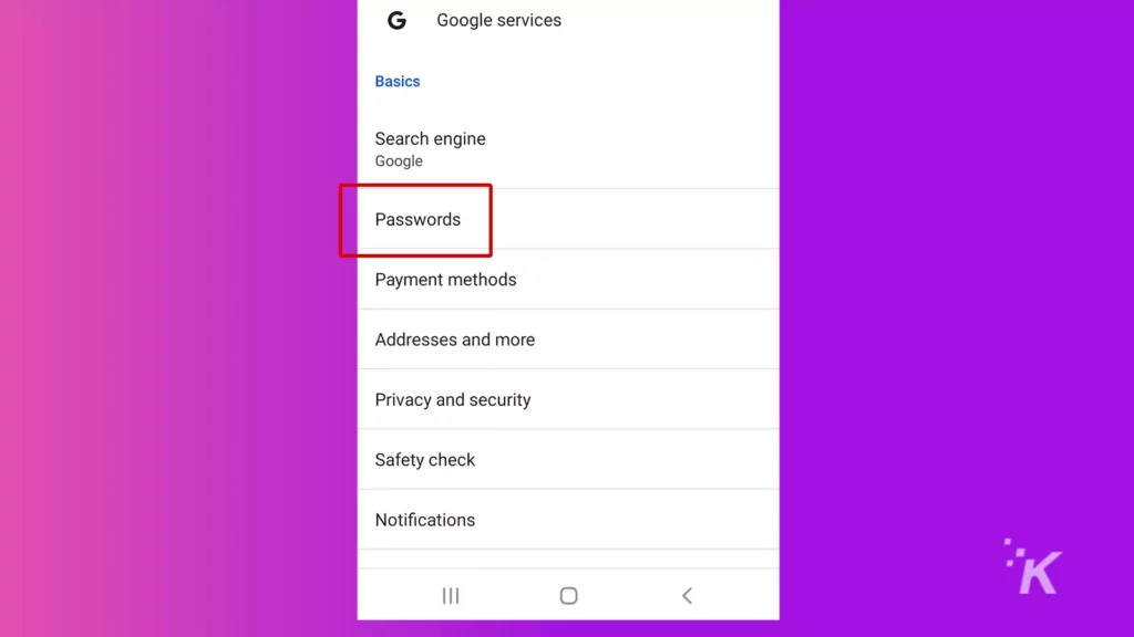 chrome menu showing passwords option