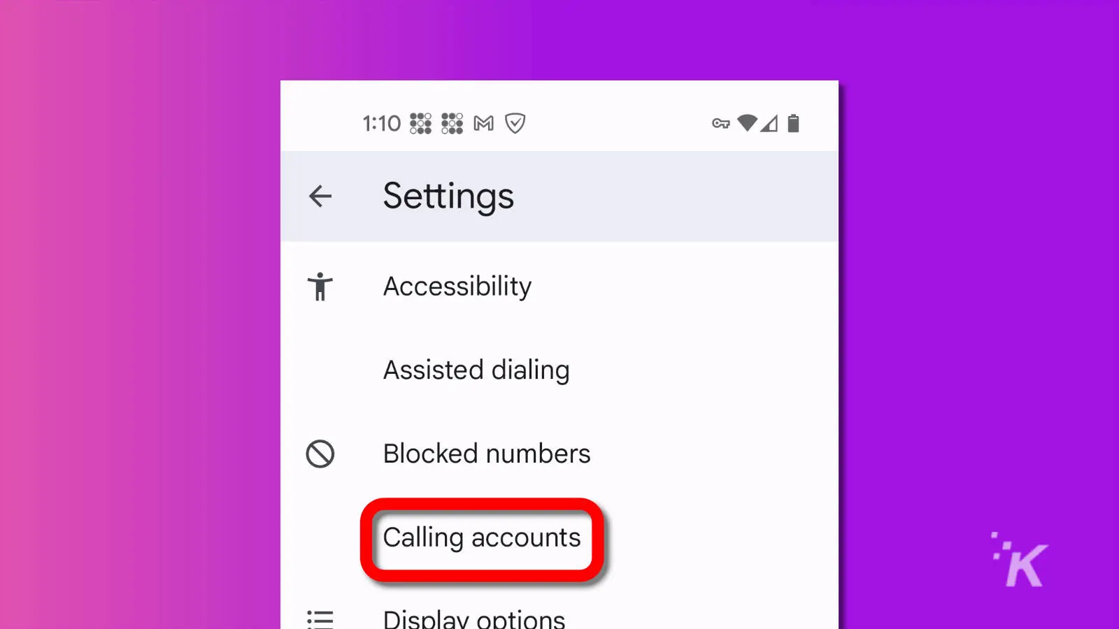 screenshot of android phone app settings showing the calling accounts option