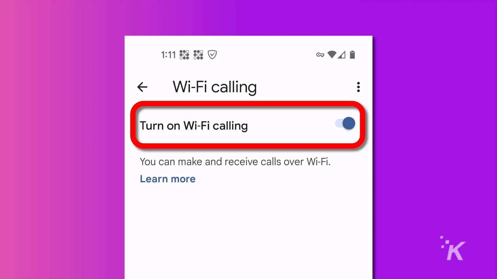 screenshot of android phone app settings with the toggle to turn wifi calling on