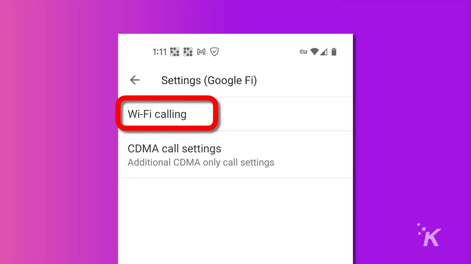 screenshot of android phone app settings showing the wifi calling option