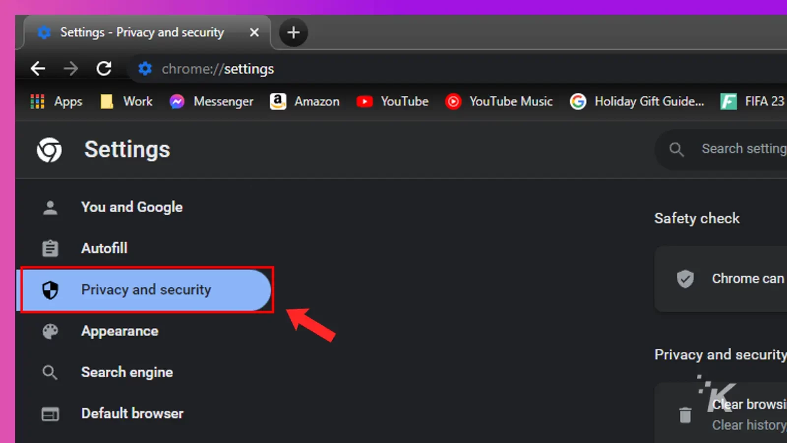 chrome settings privacy and security tab