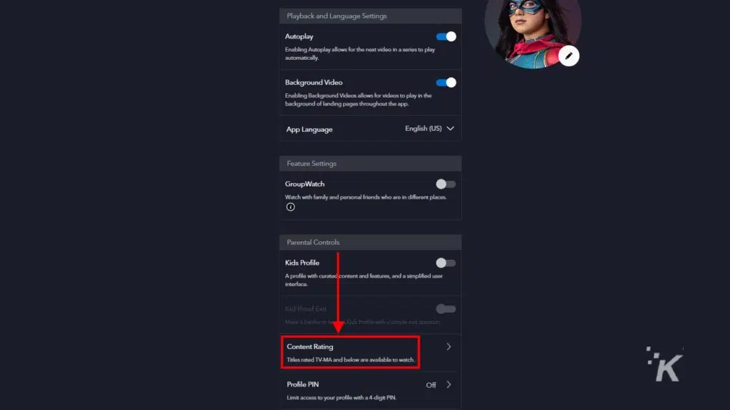 disney+ content rating option