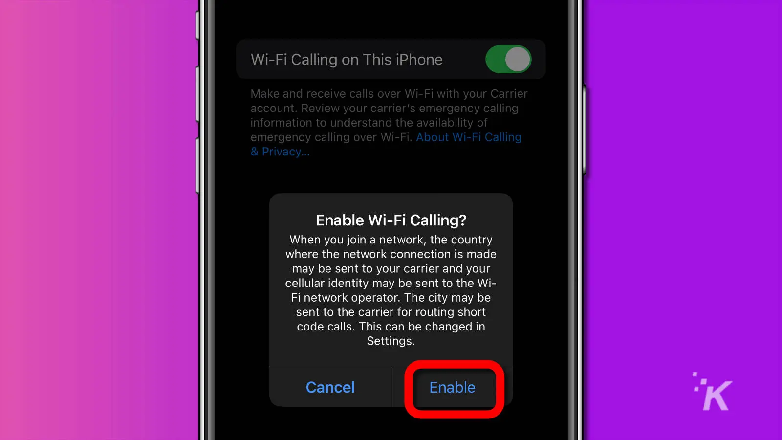 screenshot of ios wifi calling confirmation popup with enable highlighted