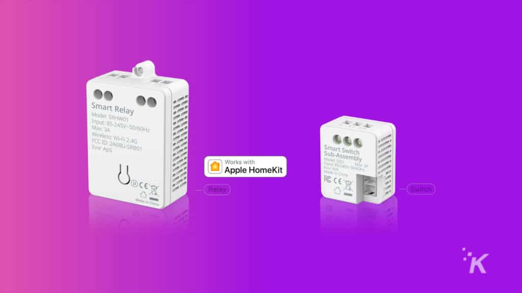 evvr homekit compatible smart switch and smart relay on purple background