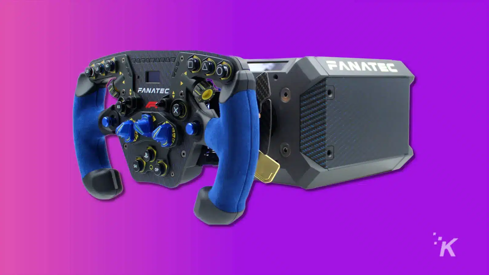 fanatec podium racing wheel on purple background