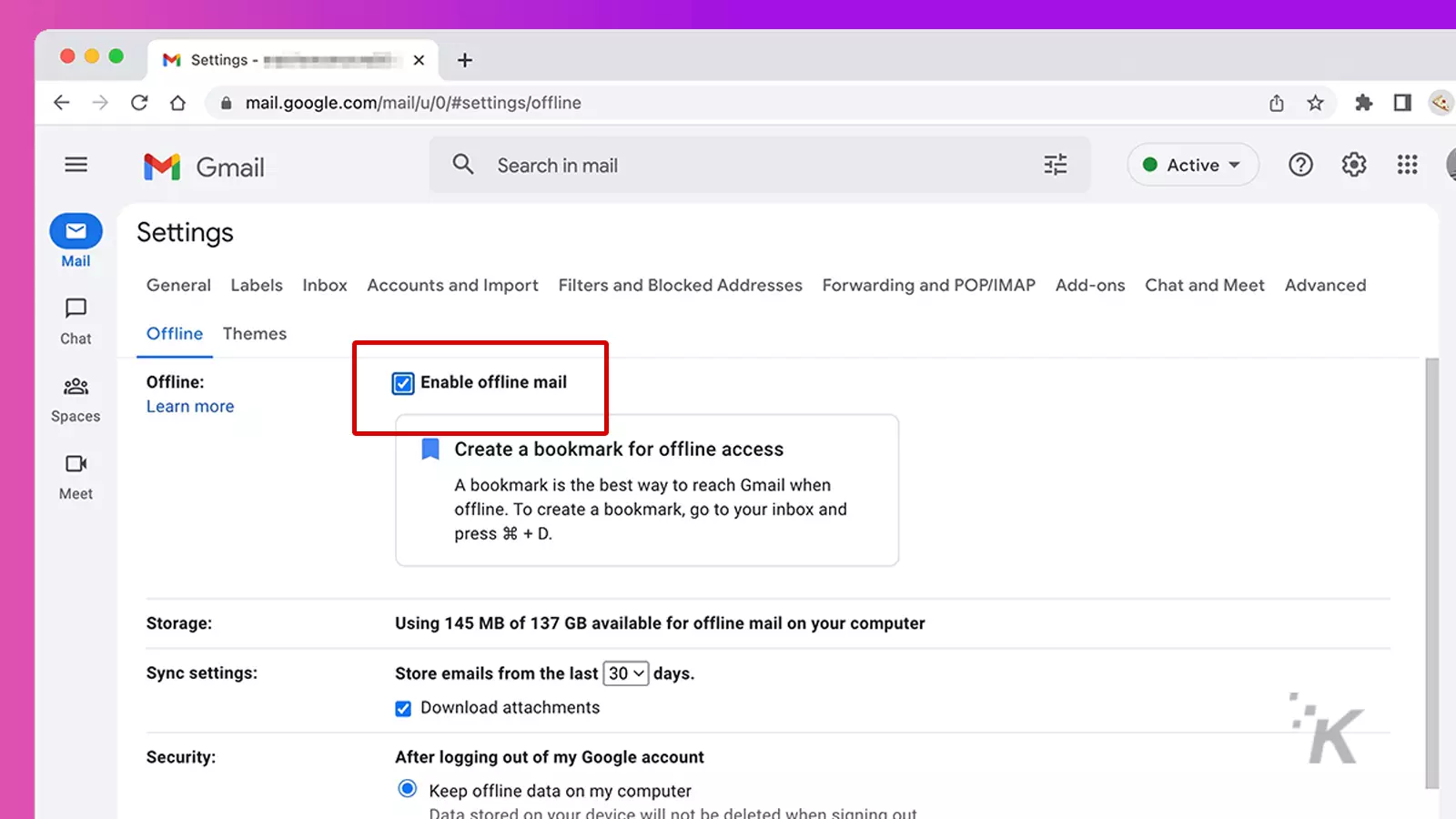 gmail offline settings