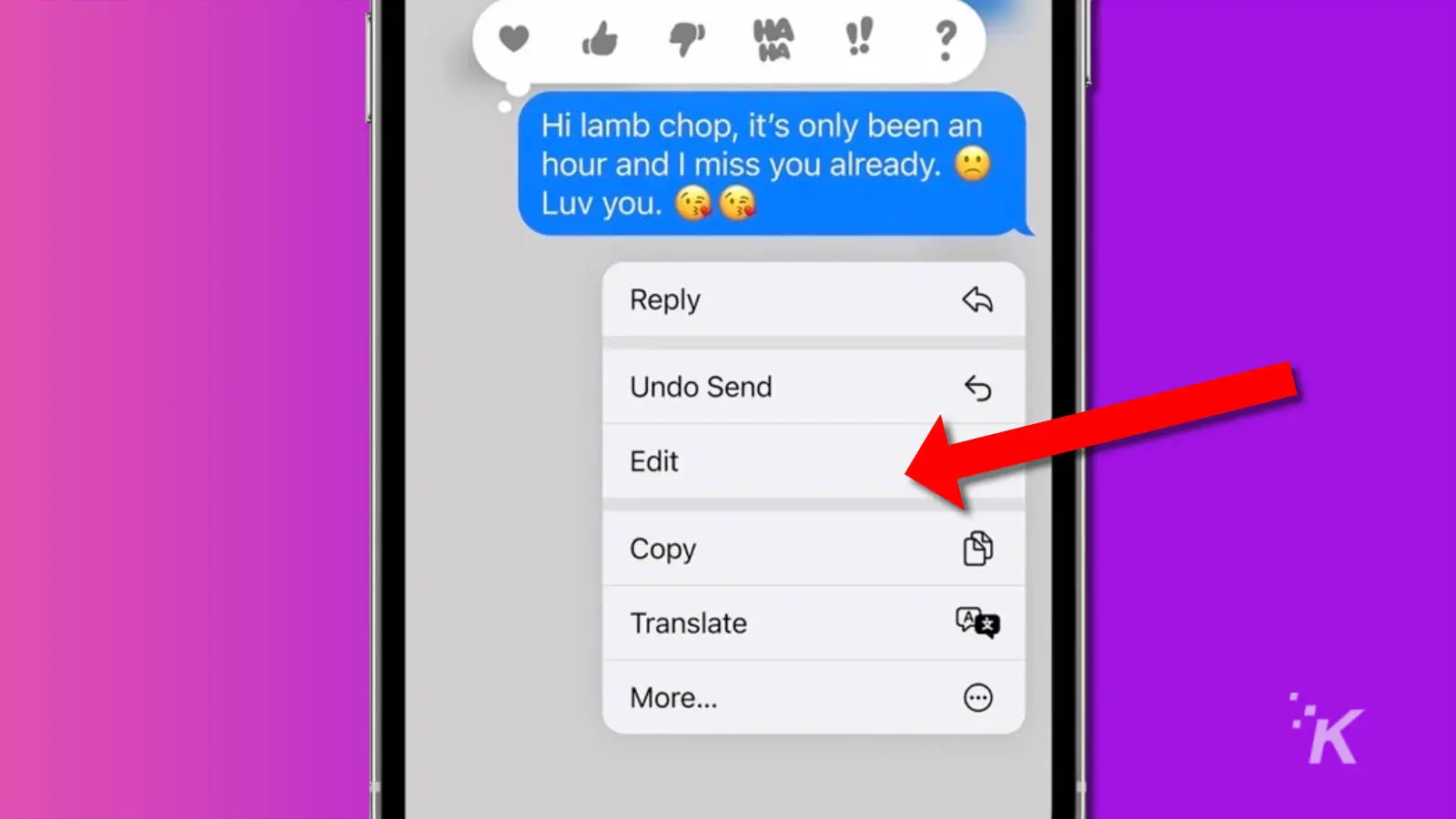 screenshot of ios 16 messages app showing how to edit a message