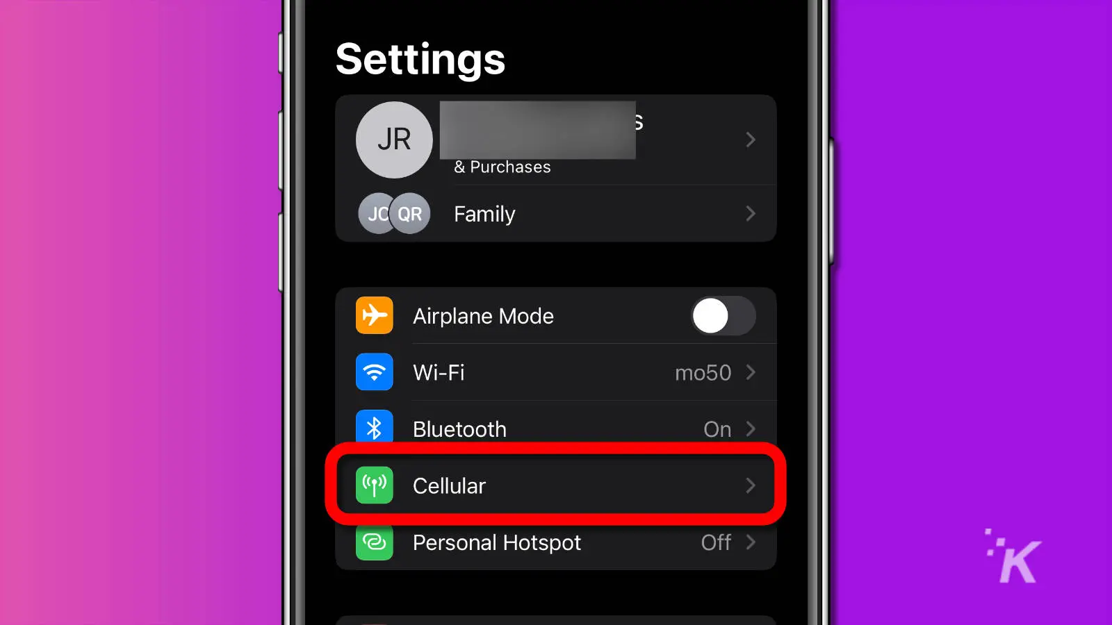 screenshot of ios settings with the cellular option highlighted