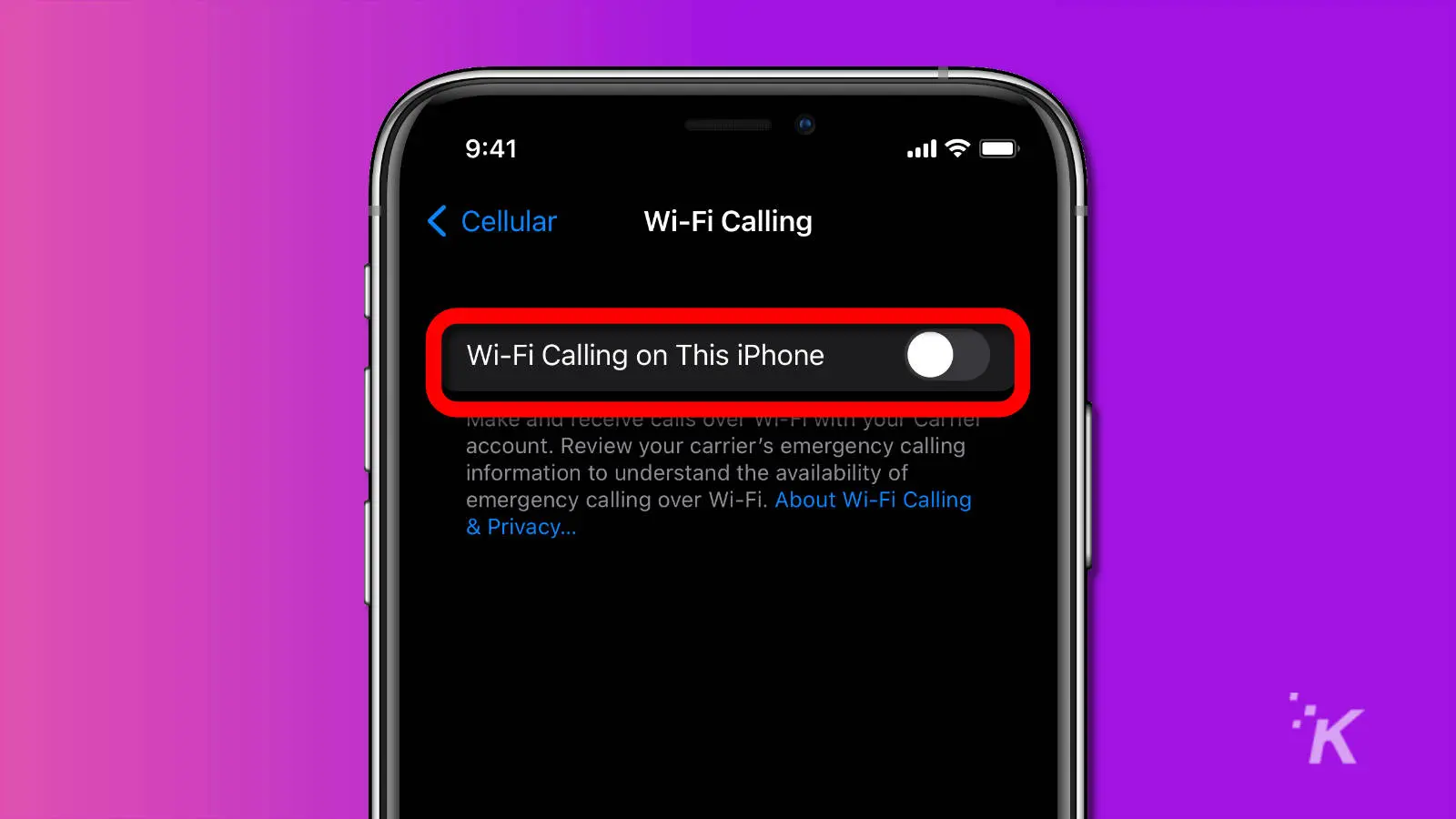 screenshot of ios wifi calling option with toggle highlighted