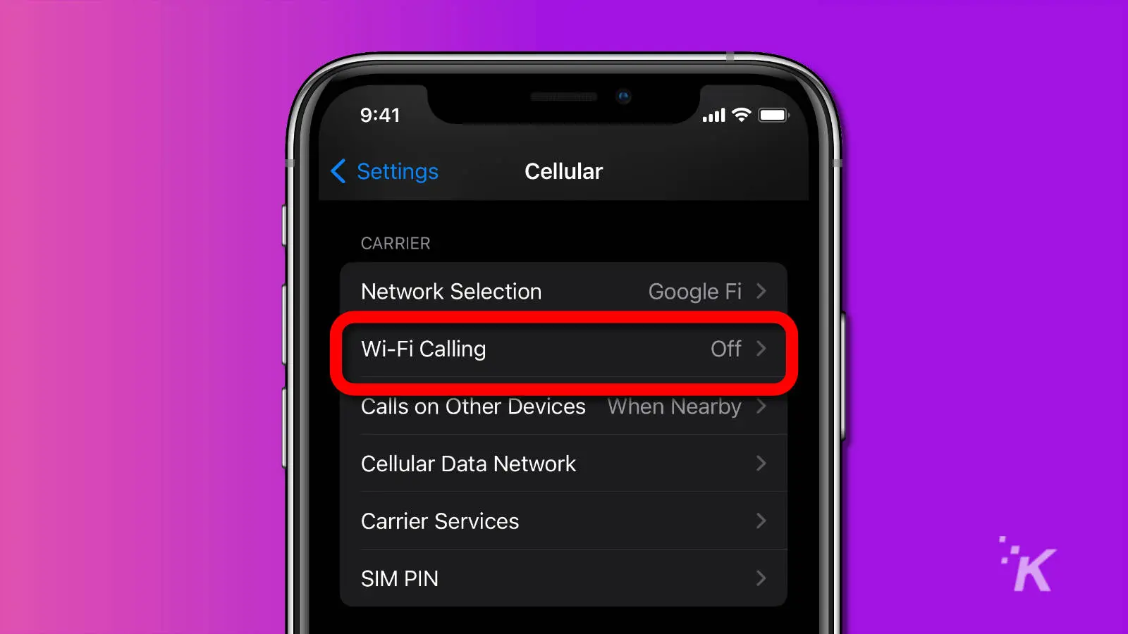 screenshot of ios cellular settings menu with the wifi calling option highlighted