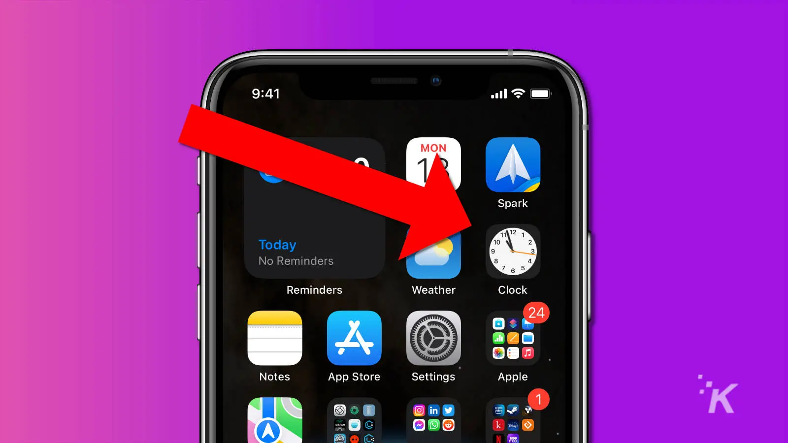 screenshot of ios home screen with an arrow pointing at the clock icon