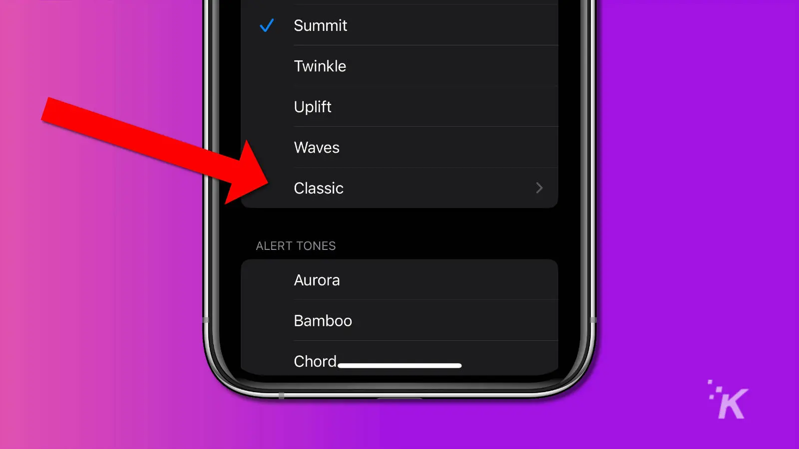 Screenshot of ios ringtones classic option