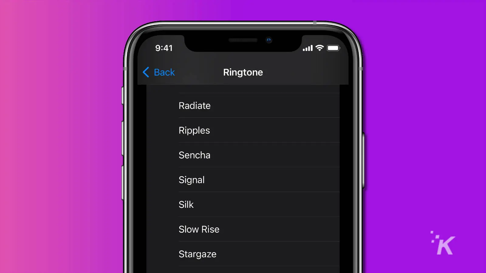 Screenshot of ios ringtones menu