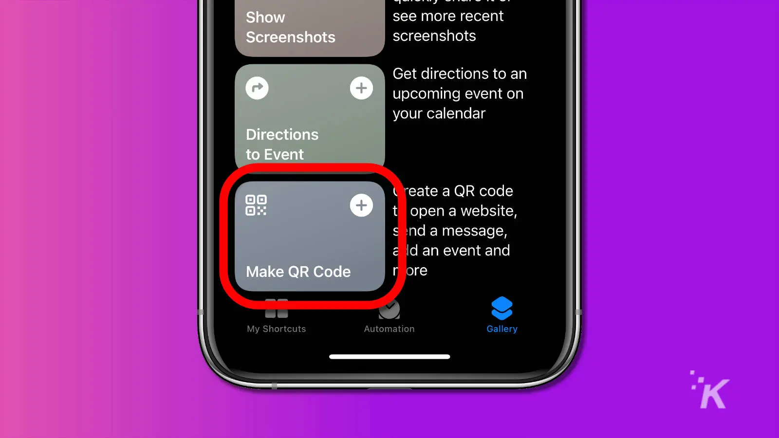 screenshot of ios shortcuts app