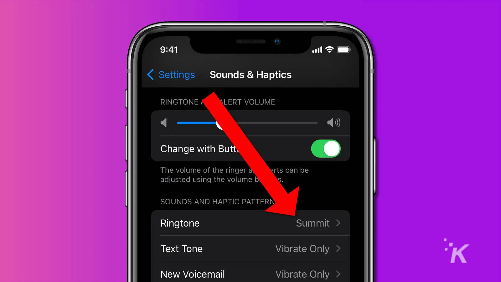 screenshot of ios sounds and haptics menu