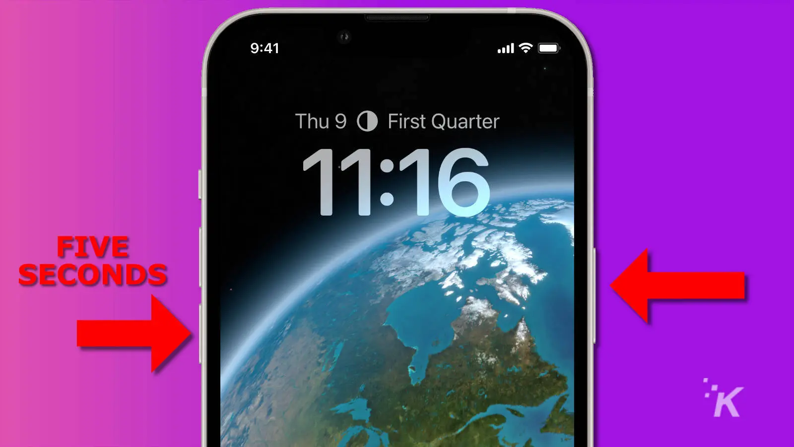 image of an iphone 13 with a red arrow pointing at the right-side button and the volume down button with red text saying five seconds