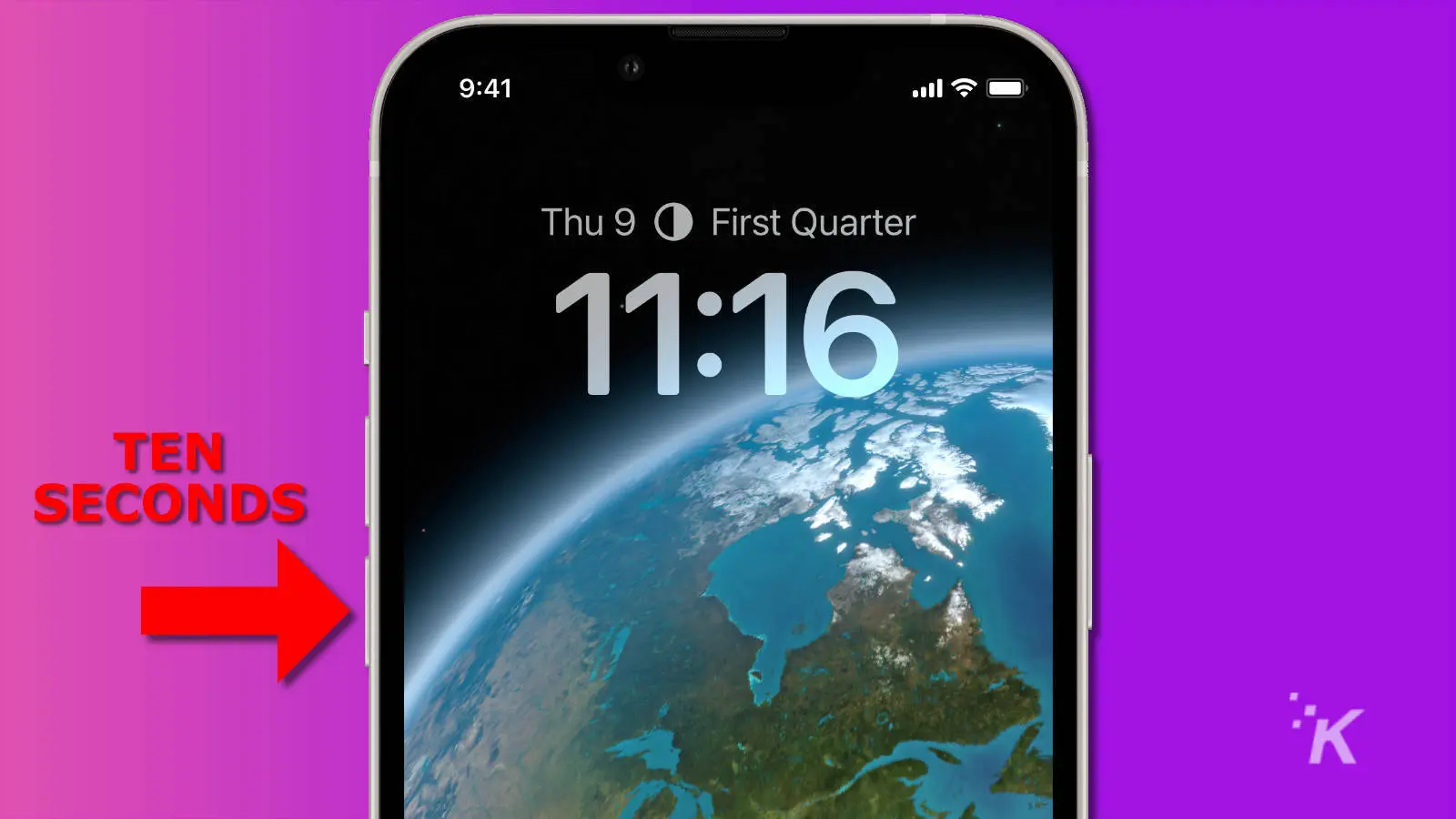 image of an iphone 13 with a red arrow pointing at the volume down button with red text saying ten seconds