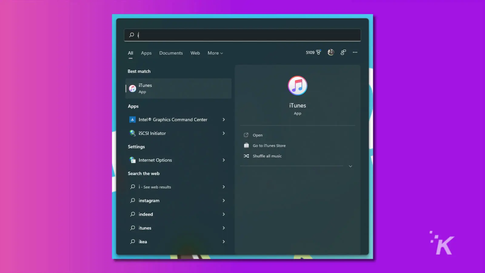 screenshot of windows 11 start menu showing itunes icon