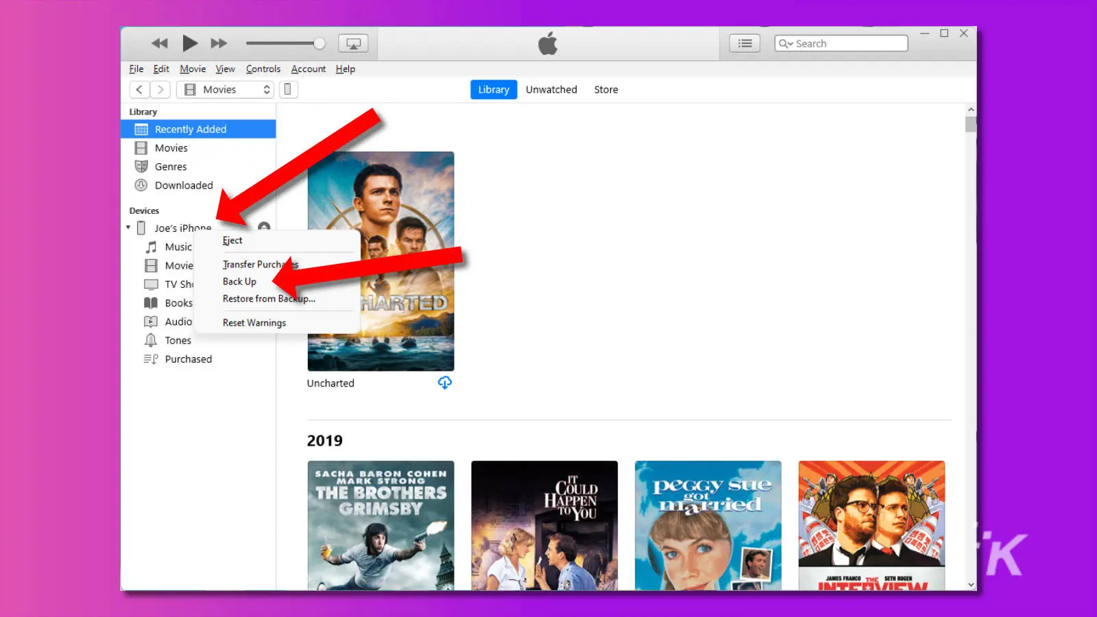 screenshot of itunes for windows showing the iphone backup option