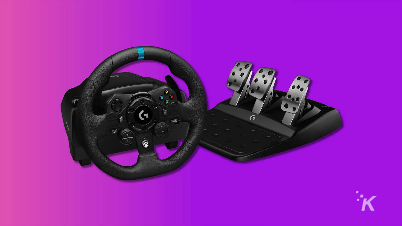 logitech g923 sim racing wheel and pedals on purple background