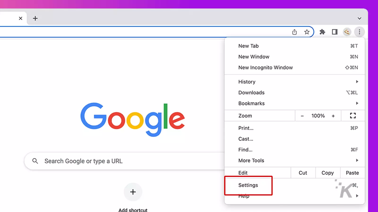 chrome settings menu option