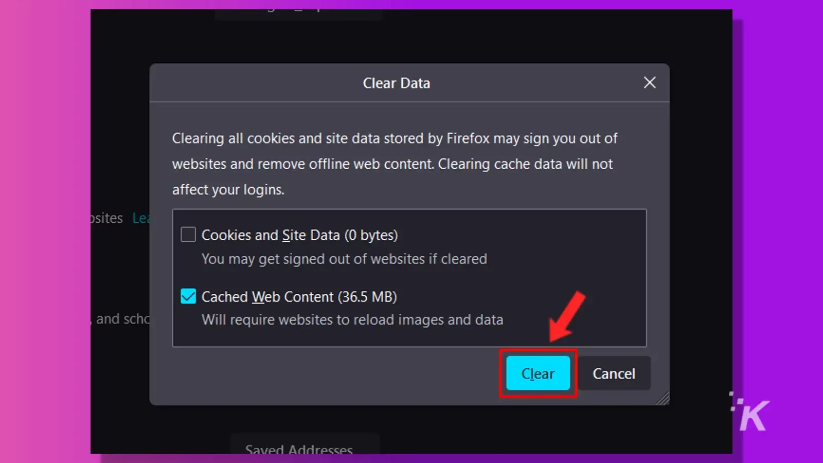 mozilla clear cached content button