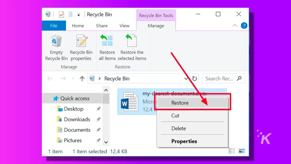 recover an unsaved document in Word from the Recycle Bin