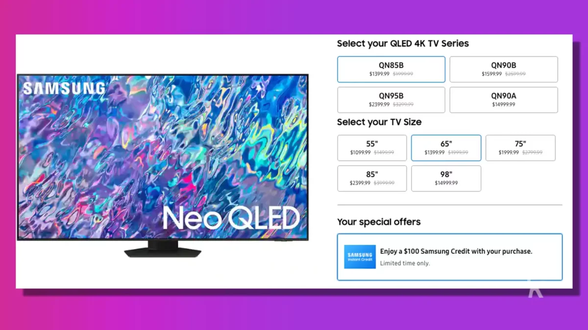 samsjung qled neo 4k tv screenshot showing pricing details on a purple background